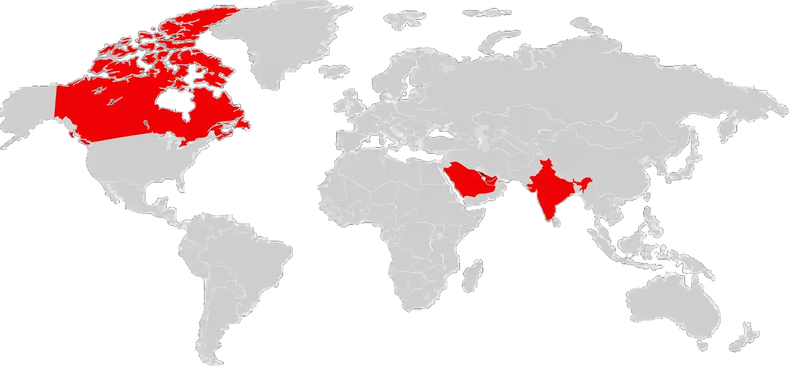 Map showing Career Canada Immigration’s presence in Canada, the UAE, and India